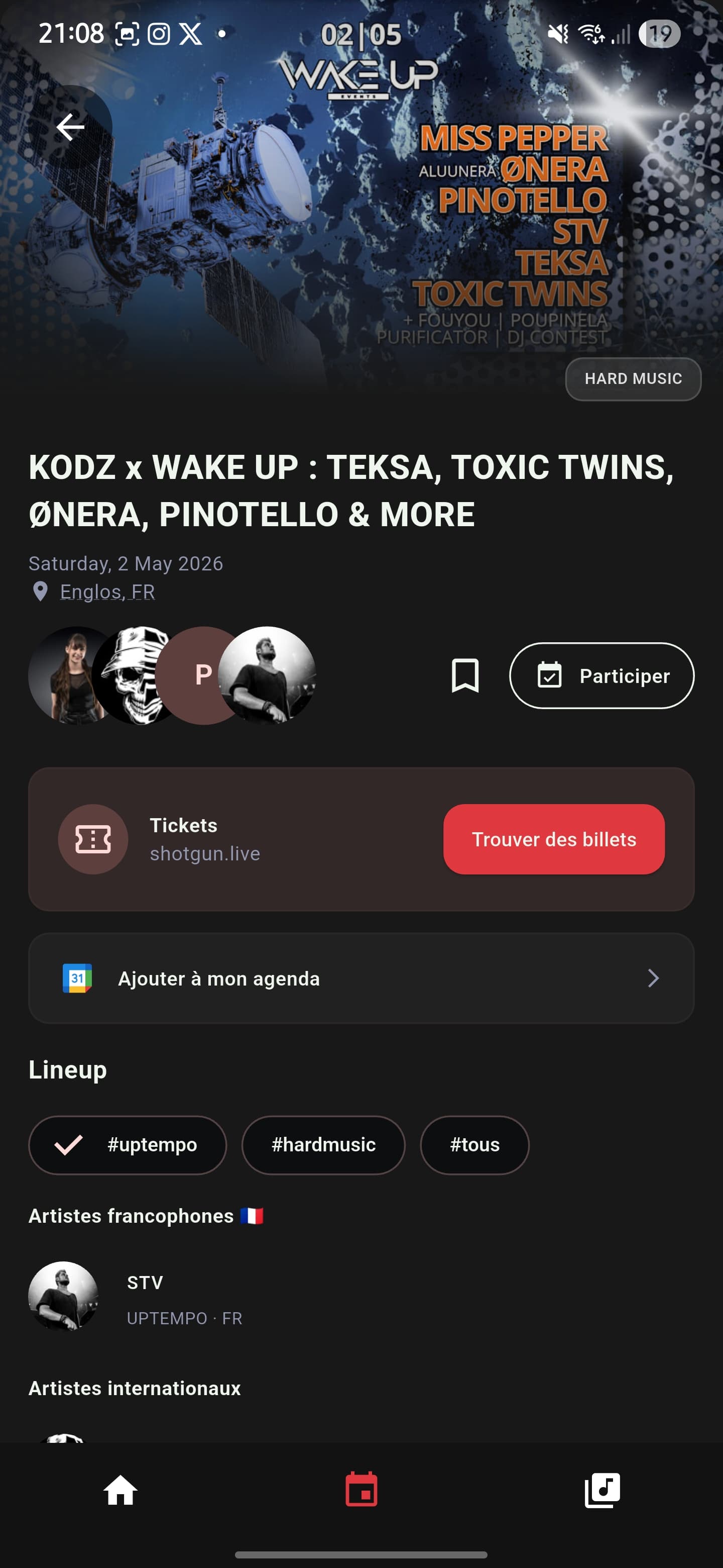 Fiche détaillée d'un event Uptempo : lineup, ticket Shotgun, notification