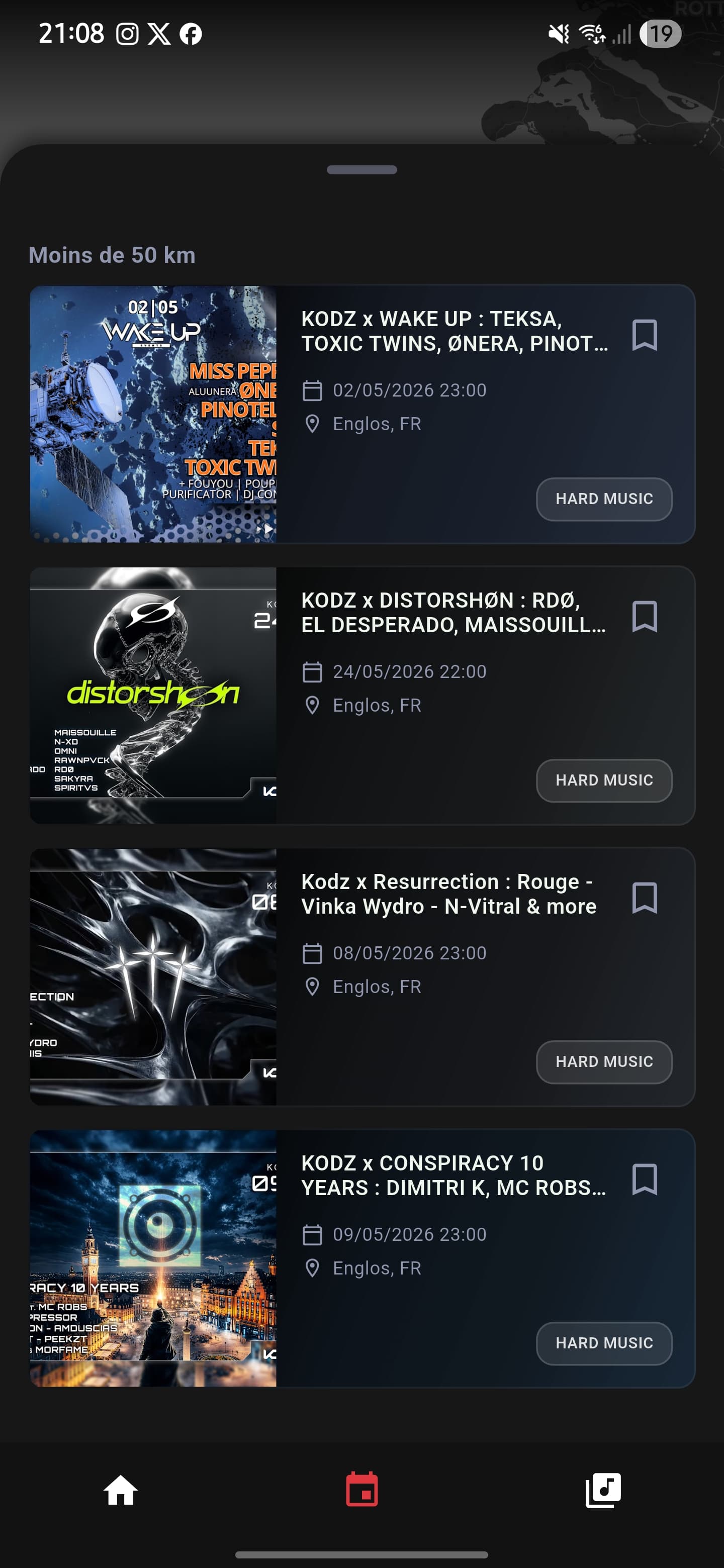 Liste des events Uptempo à proximité dans l'app Up' Your Tempo